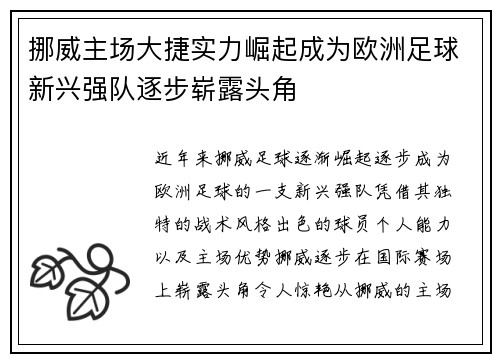 挪威主场大捷实力崛起成为欧洲足球新兴强队逐步崭露头角