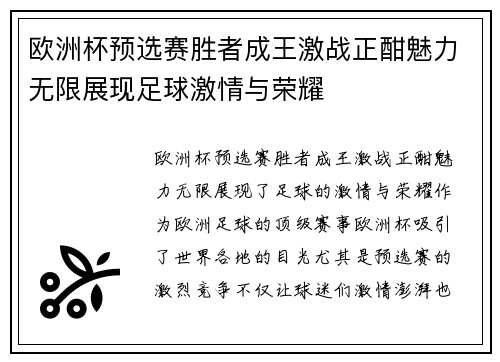 欧洲杯预选赛胜者成王激战正酣魅力无限展现足球激情与荣耀