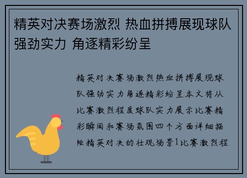 精英对决赛场激烈 热血拼搏展现球队强劲实力 角逐精彩纷呈