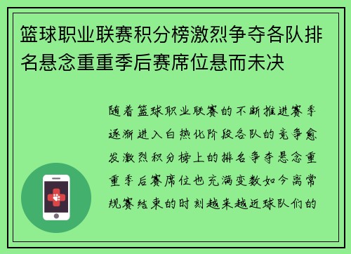 篮球职业联赛积分榜激烈争夺各队排名悬念重重季后赛席位悬而未决