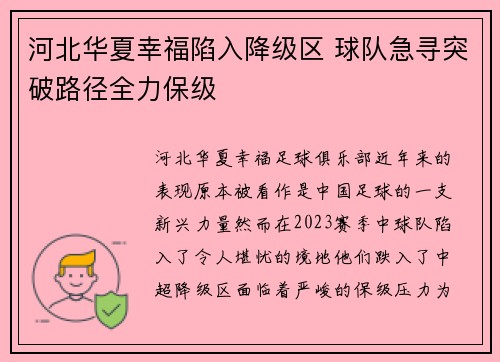 河北华夏幸福陷入降级区 球队急寻突破路径全力保级